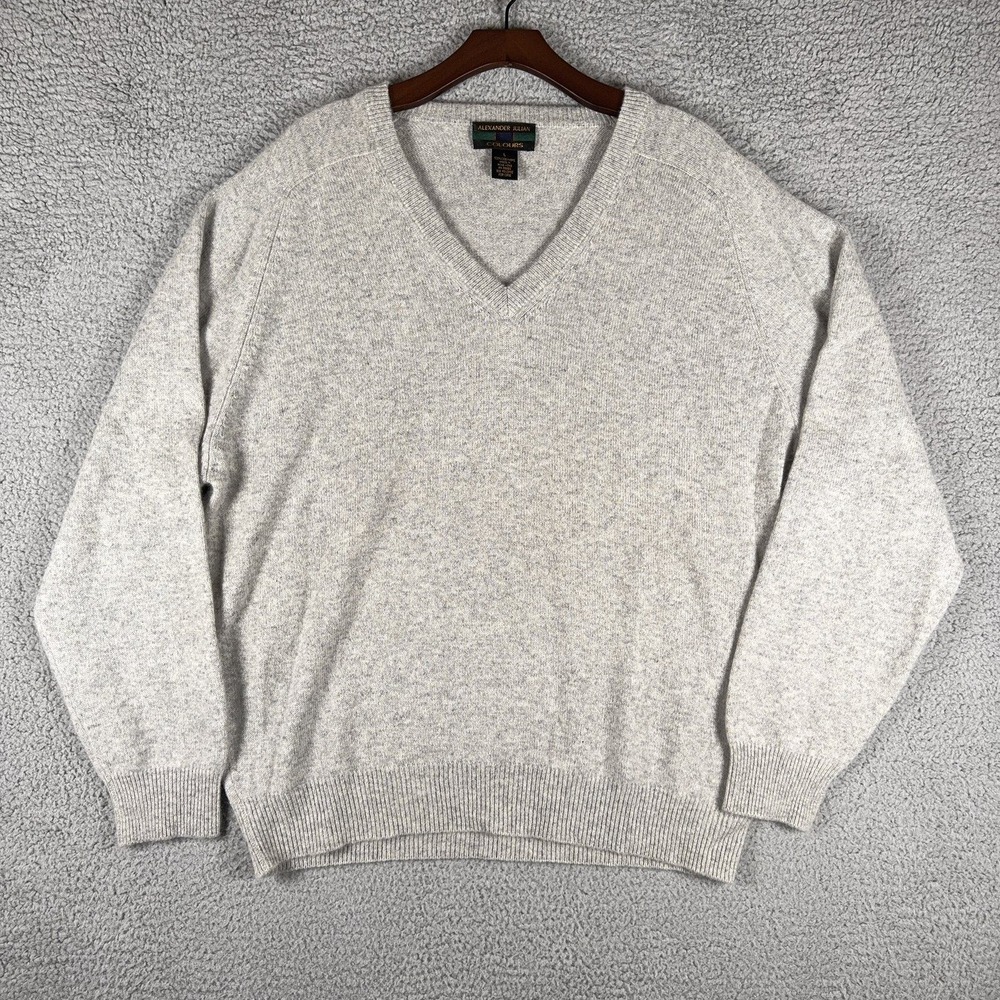 Alexander Julian Colours 100% Cashmere V Neck Sweater Mens L Heather Gray Knit
